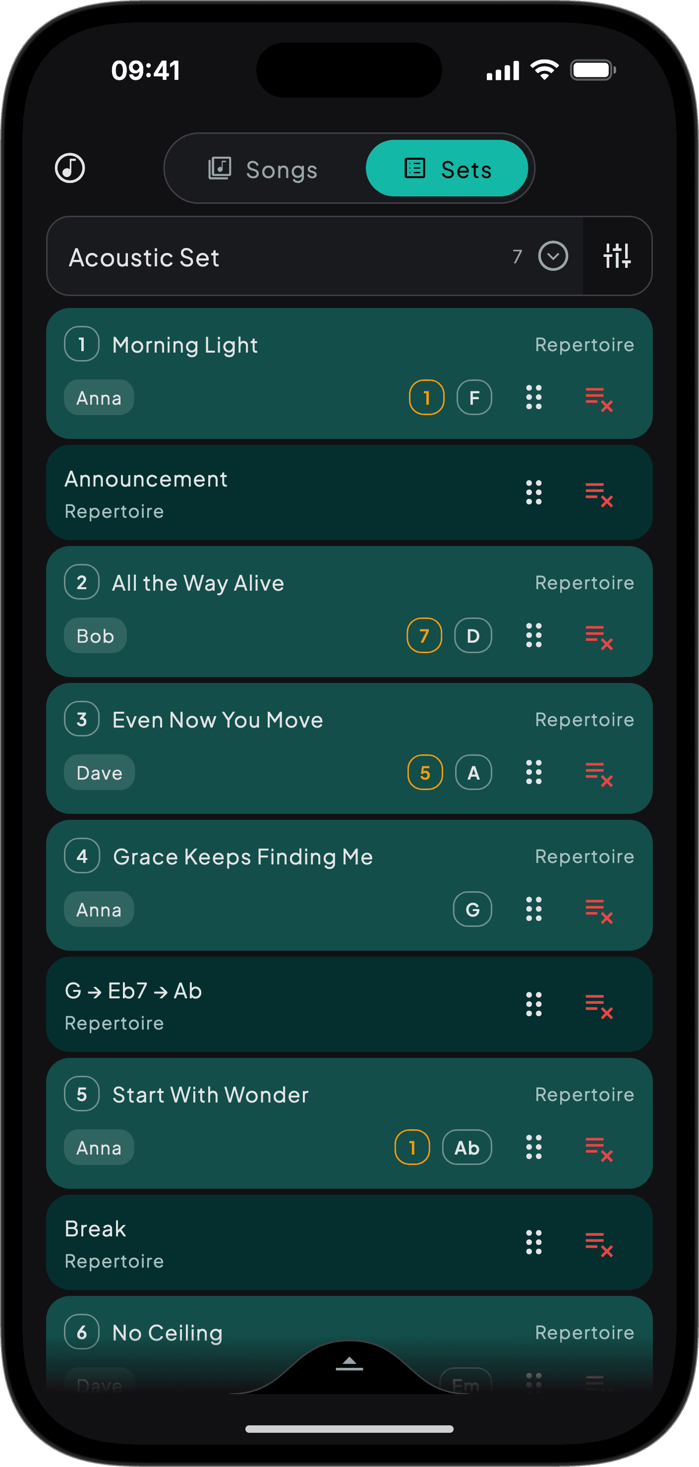 SONGUIDE Setlist auf einem Smartphone