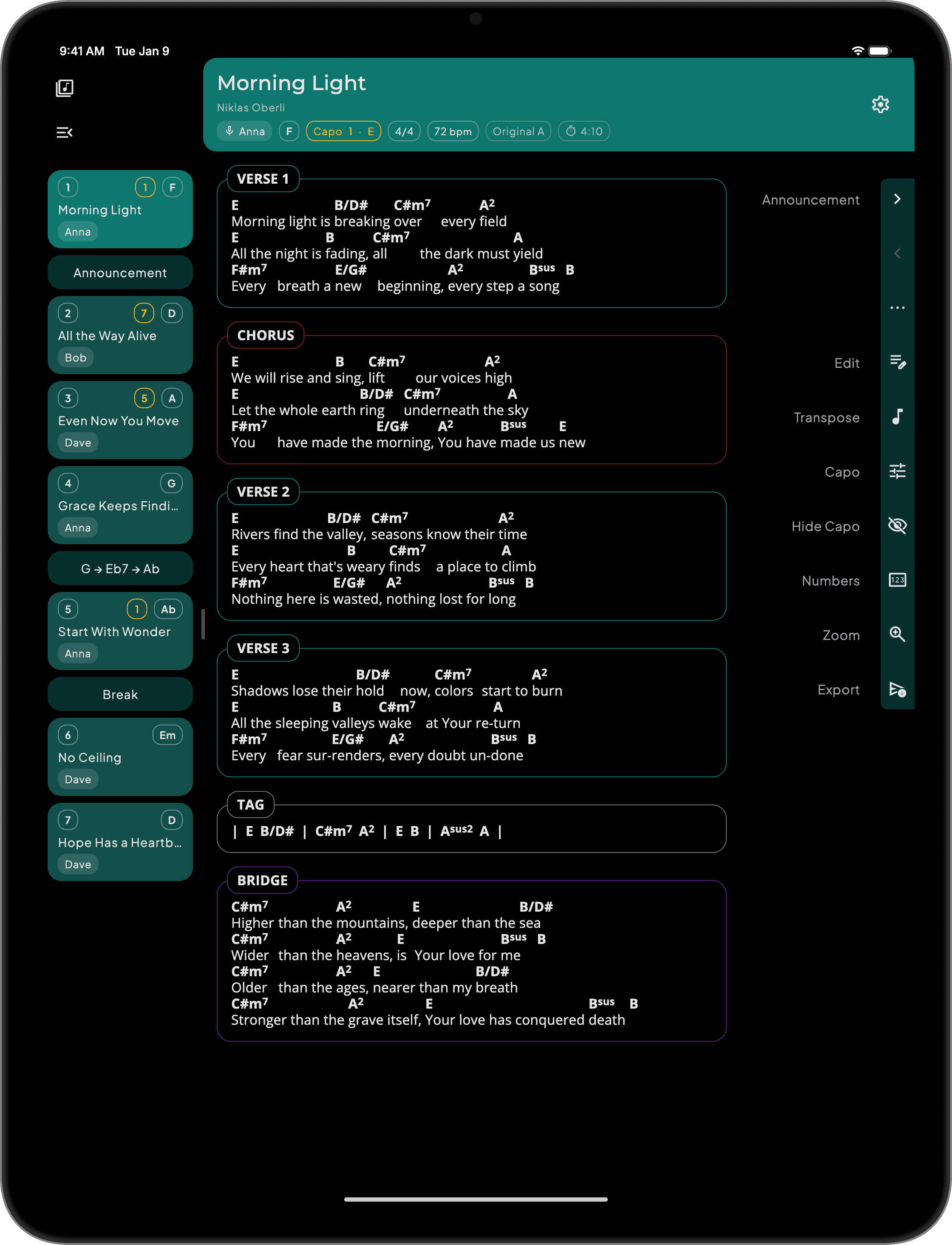SONGUIDE song view on a tablet with chords above the lyrics