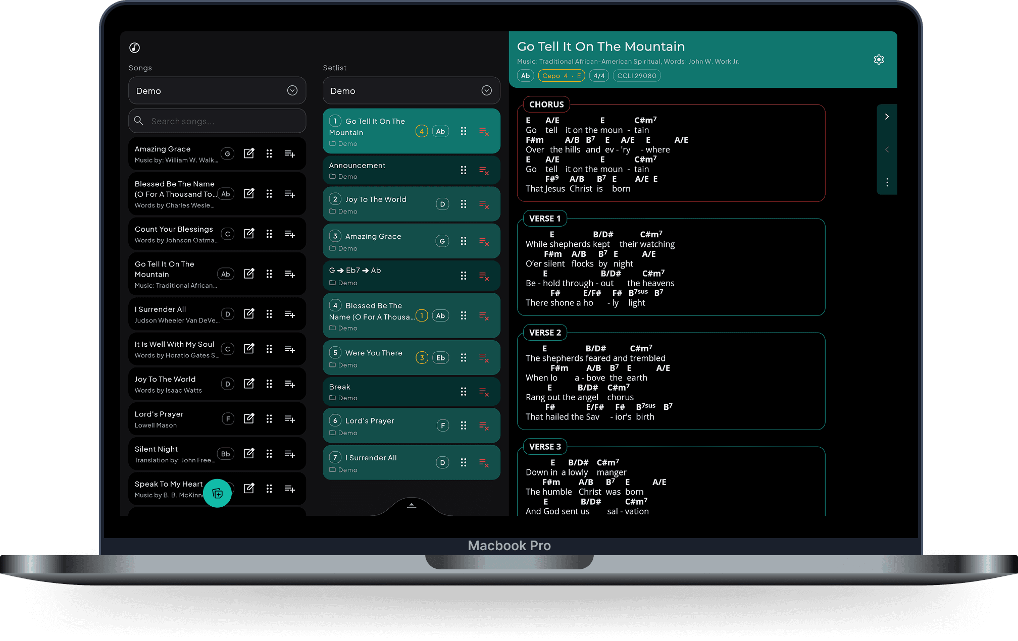 SONGUIDE on a laptop showing the song library and a setlist next to an open song