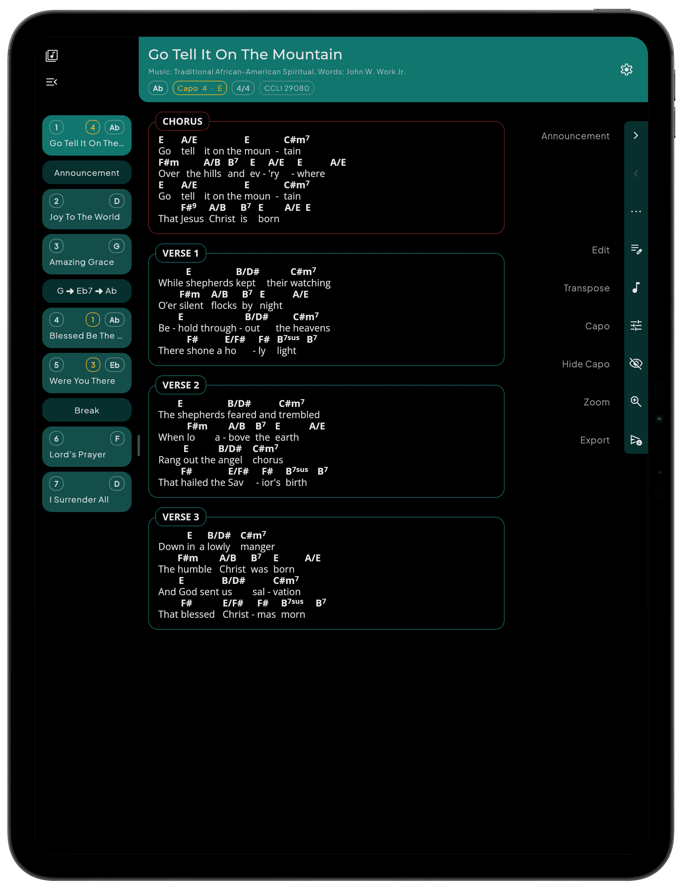 SONGUIDE song view on a tablet with chords above the lyrics